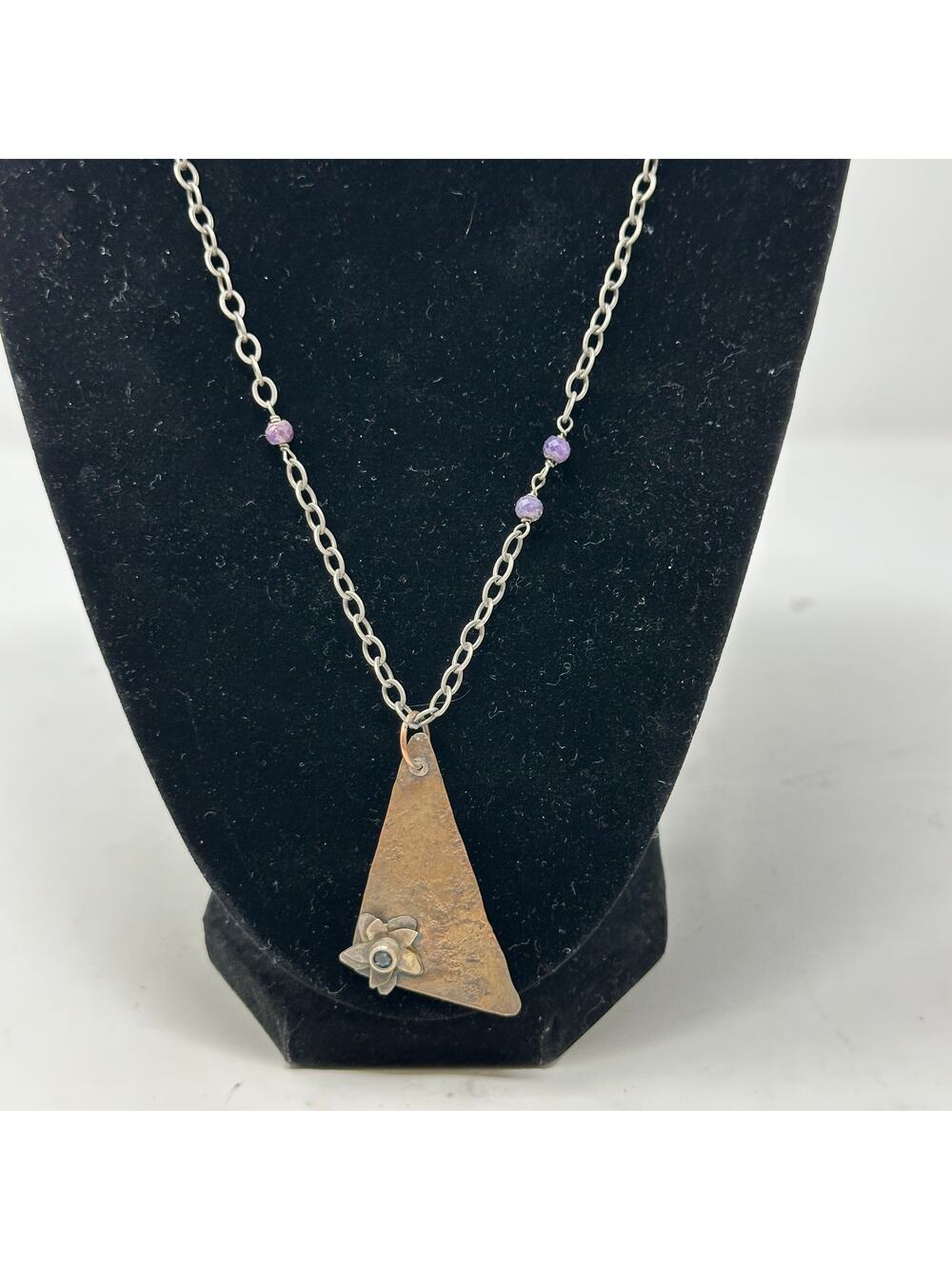 Unbranded Hammered Copper Tone Pendant On Silver Tone Chain Triangular Flower